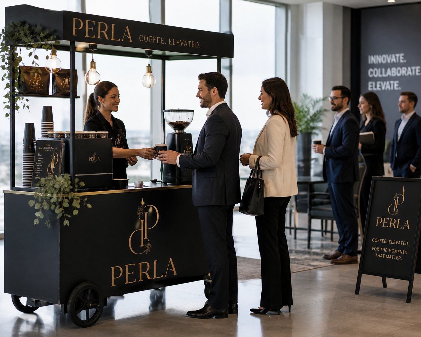 Perla mobile coffee cart serving guests at a corporate office event